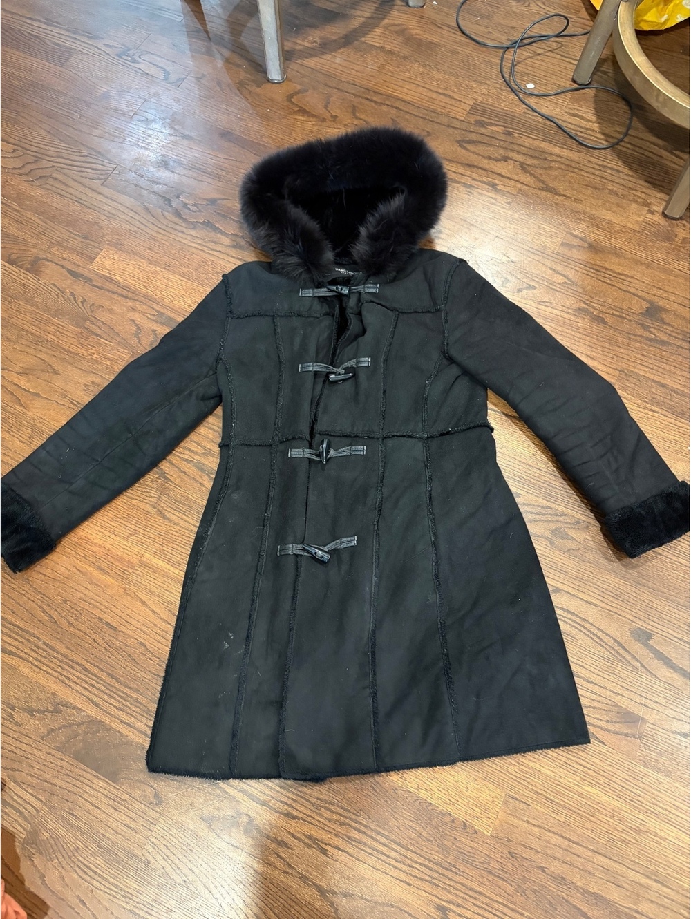Marc New York Black Fox Fur Trim Hooded Coat xs